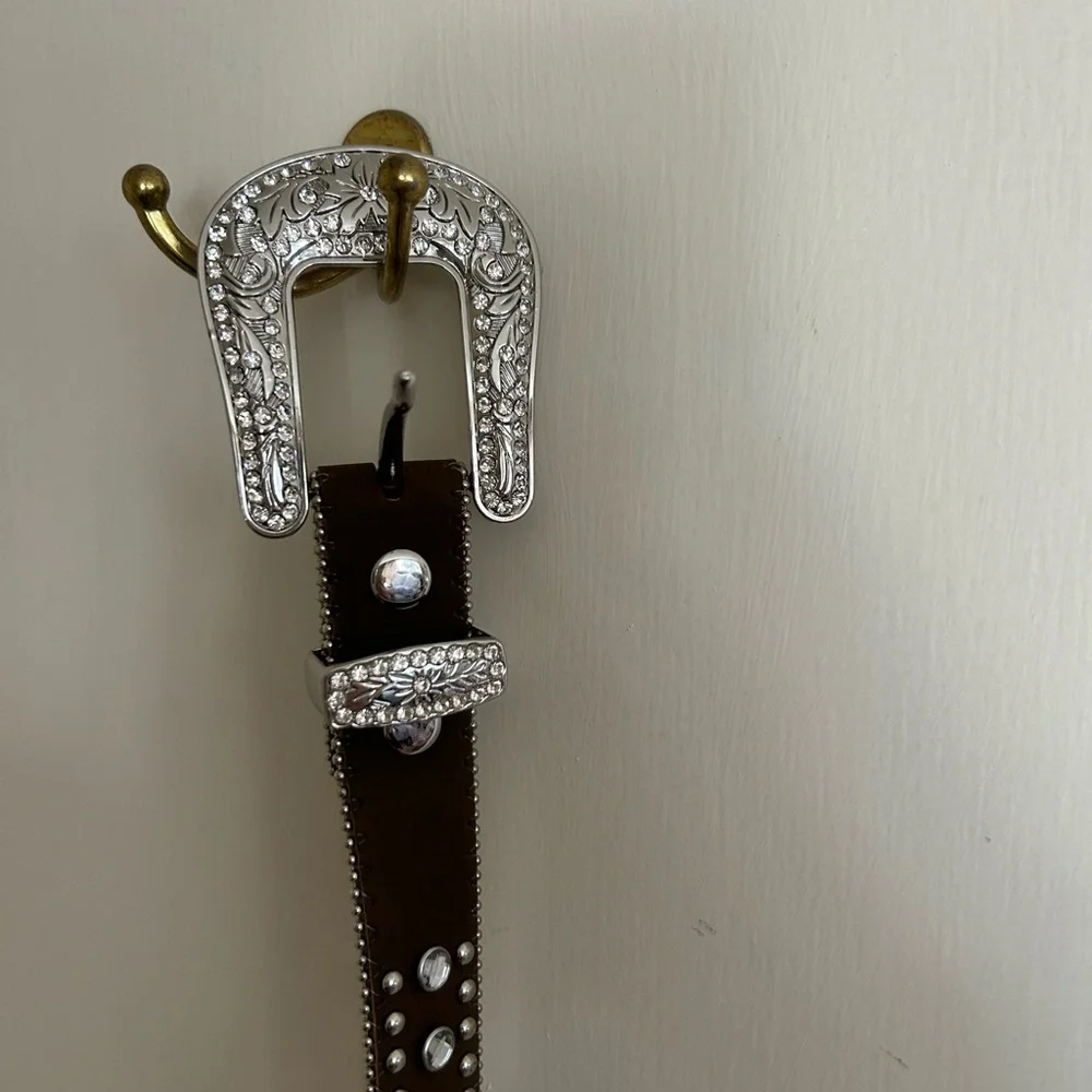 Girls Brown Studded Belt with Silver Buckle Horse Details